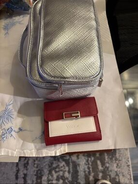 Red and Silver Women’s Wallet and Metallic Cosmetic Bag Set -Bundle of two